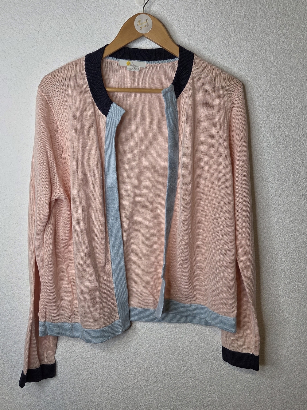 Boden Pink Open-Front Linen Cardigan with Navy and Light Blue Trim Size 12
